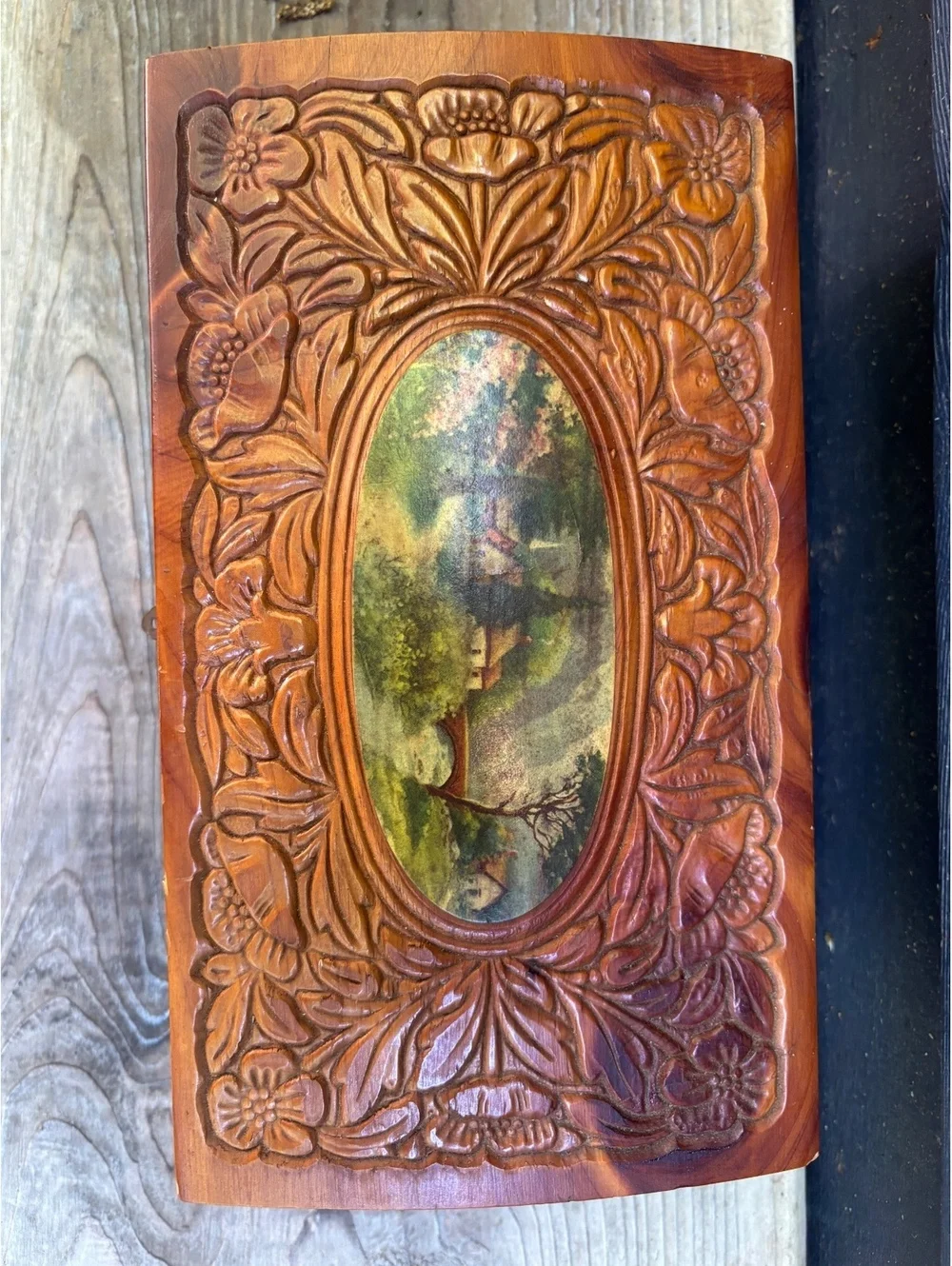 Vintage Carved Wood Jewelry Box, Cottage Scene Print, Footed with Brass Clasp